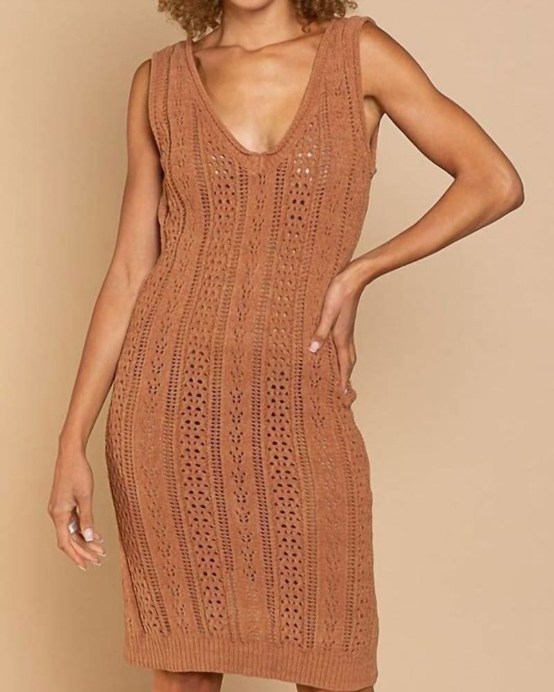Front of a model wearing a size Large V-Neck Crochet Dress In Brown in Brown by POL. | dia_product_style_image_id:342238